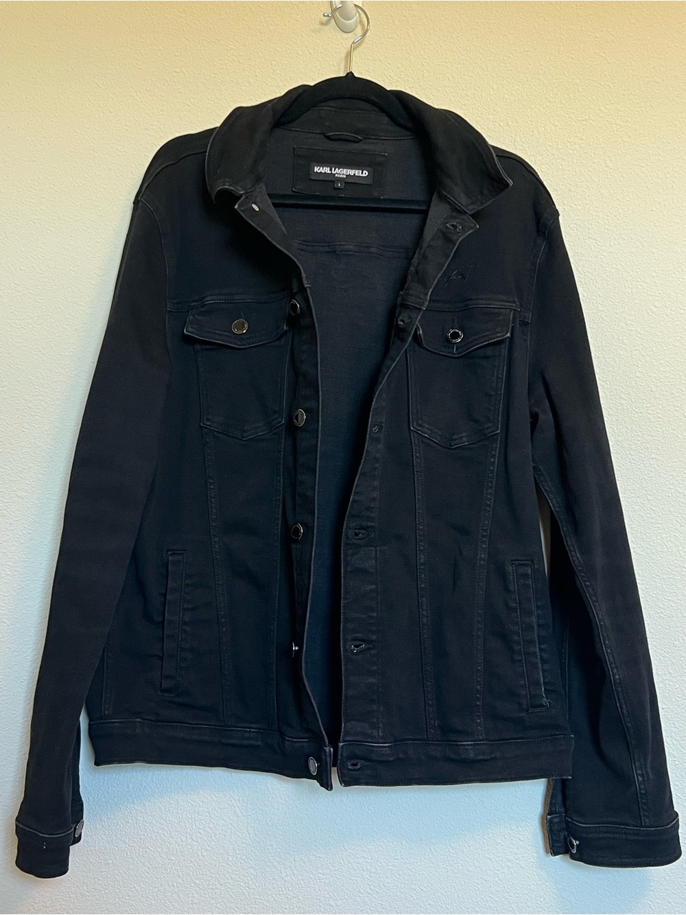 Karl Lagerfeld Black Denim Trucker Jacket w/ Embroidered Logo - Size L (EUC) - Picture 2 of 9